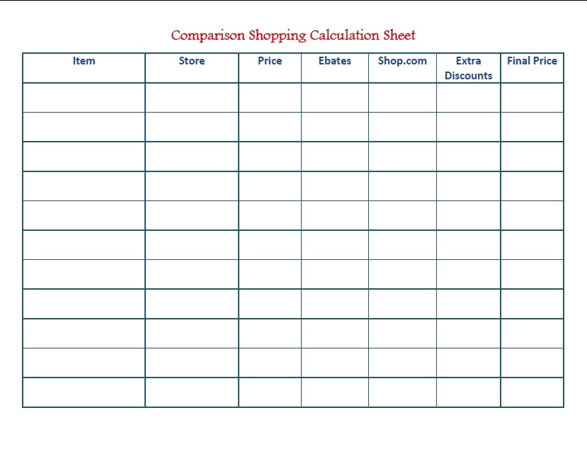 Comparison Shopping Calculation Sheet
