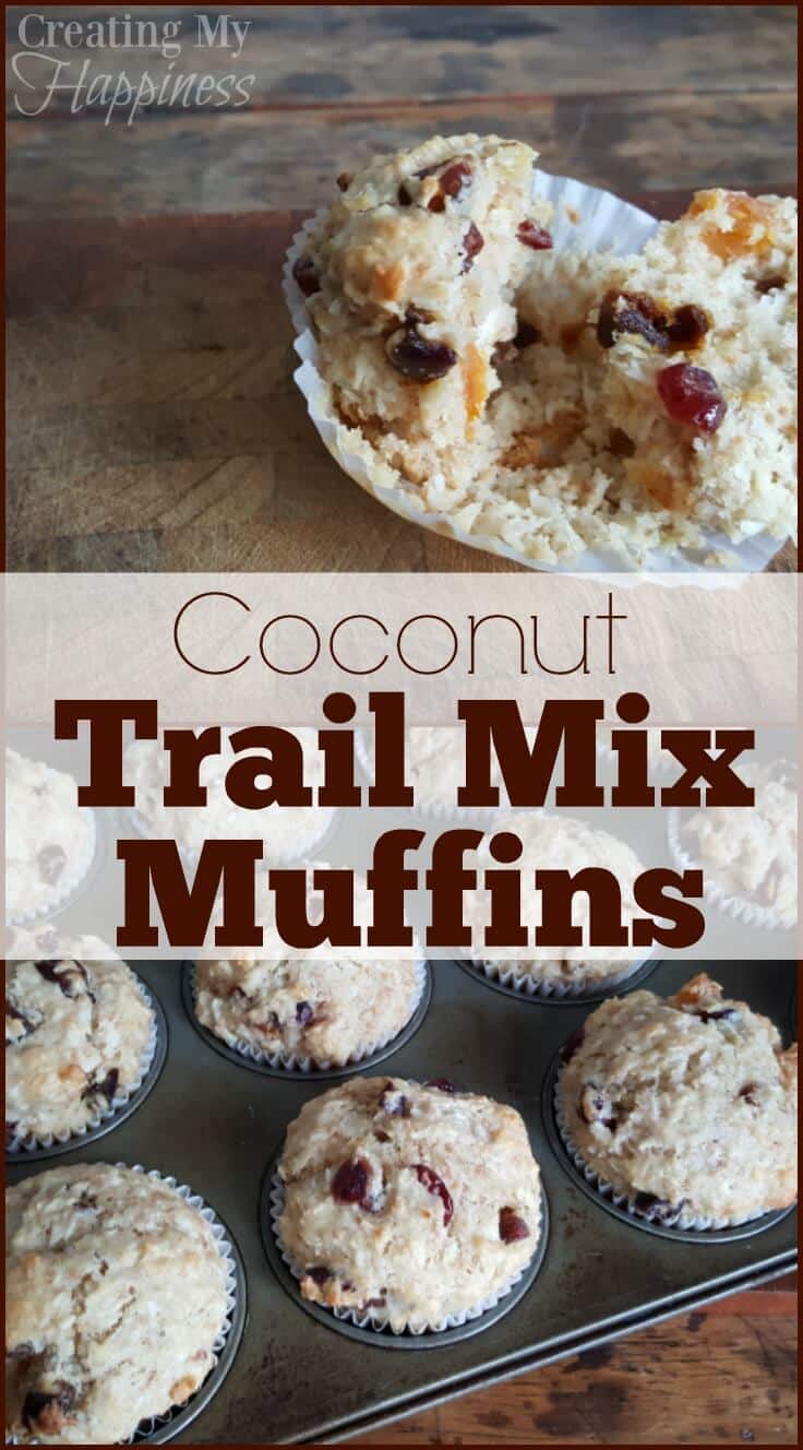Healthy coconut muffins for your next family adventure. Use this easy to make coconut trail mix muffin recipe to help refuel your kids and get them moving.