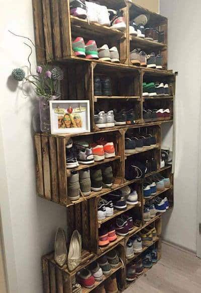 Store your shoes in crates hung on the wall