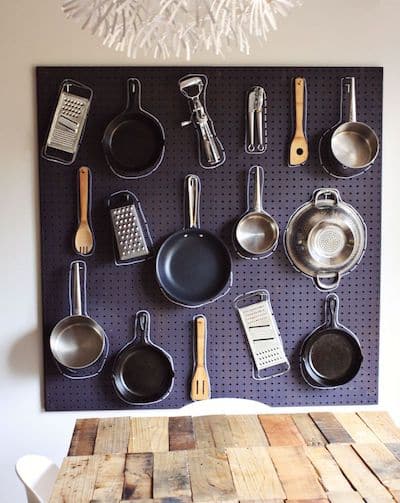 kitchen peg board for hanging pots and pans